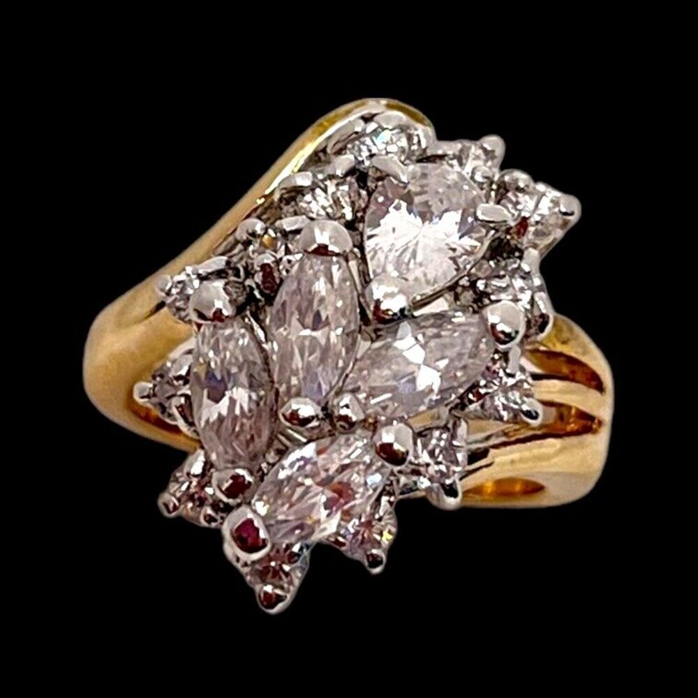 Vintage 1980s Ring Size 9 CZ Cluster Cocktail Gold Plated Band - 14H